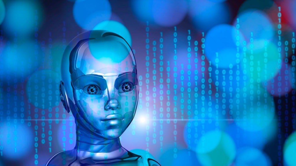 Un muñeco con número y letras alrededor simbolizando la Inteligencia artificial