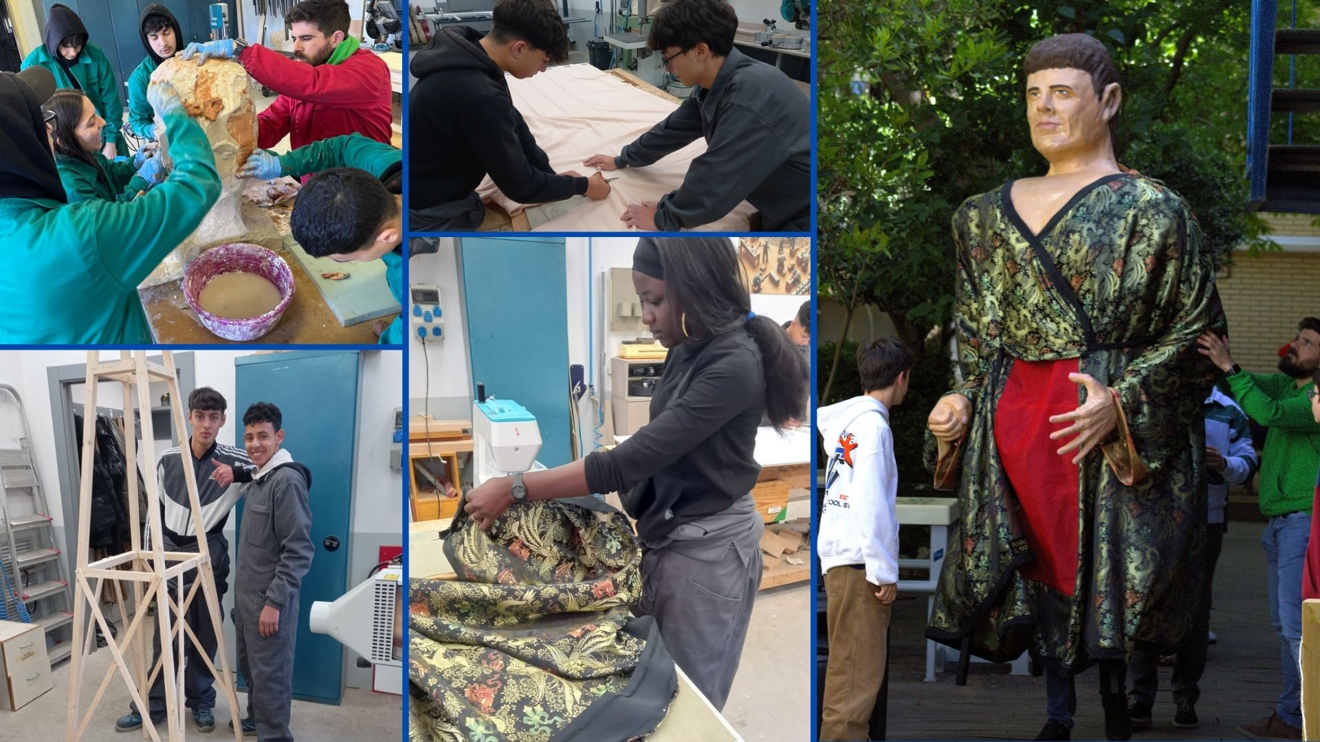 Alumnos de la Fundación El Castillo trabajando en las distintas fases de confección del gigante, desde la construcción de la cabeza hasta la vestimenta
