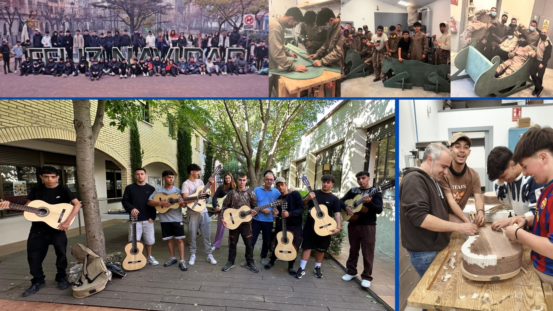 Alumnado de la Fundación El Castillo construyendo elementos decorativos navideños de Tudela: el buzón gigante de los Reyes Magos, las letras de "Feliz Navidad", los renos y el belén, además de la fabricación de guitarras.