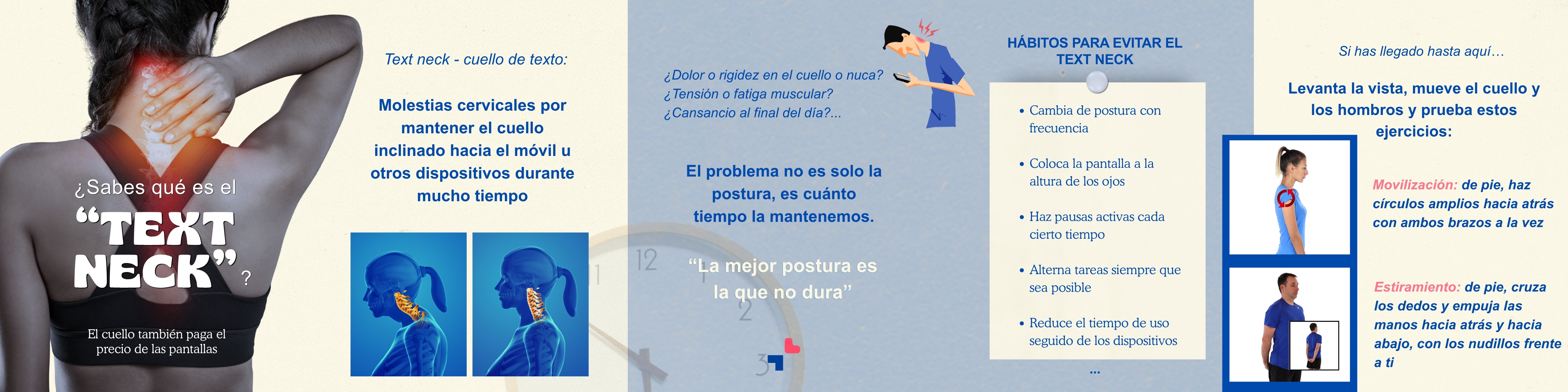 Infografía sobre el cuello de texto / text neck. Qué es y hábitos para evitarlo.