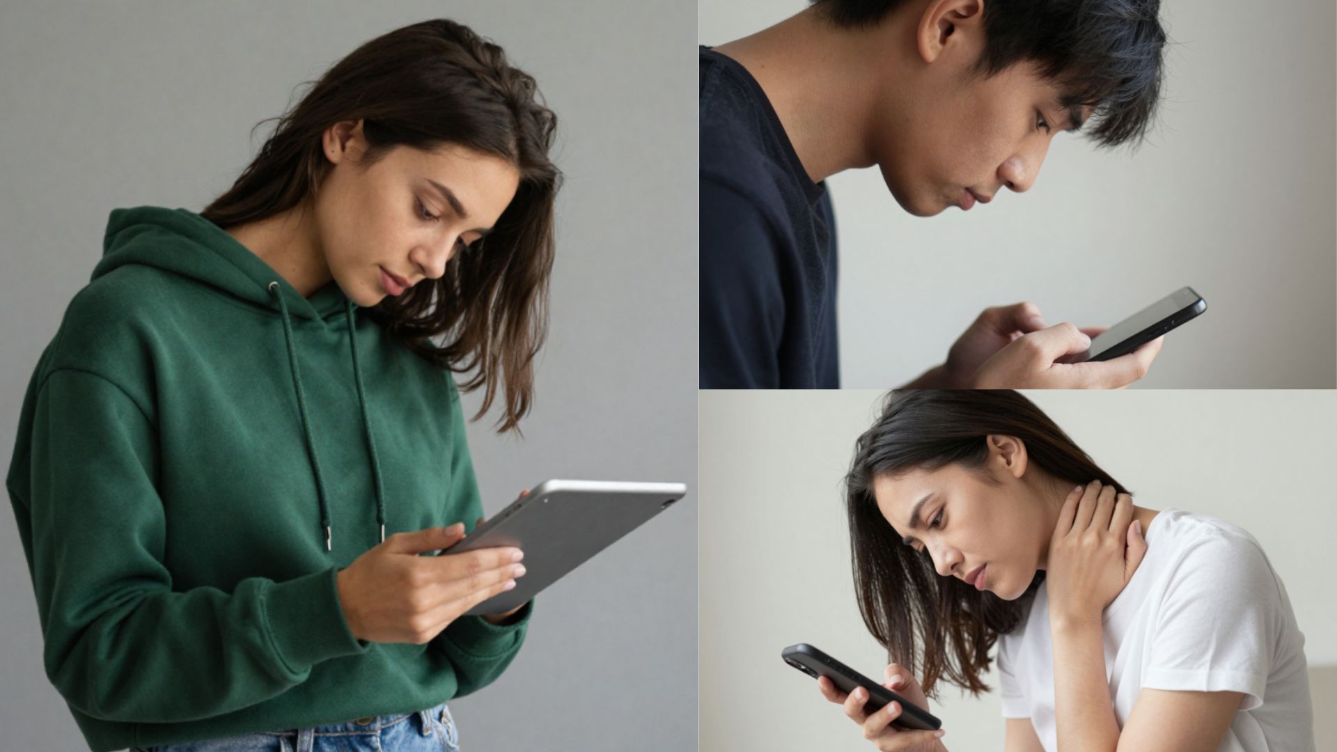 Personas usando dispositivos tecnológicos con una postura inadecuada